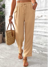 Pantalon camel clair à jambes droites et taille élastique poches
