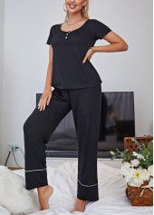 Black Scoop Neck Short Sleeve Lounge Top and Pants