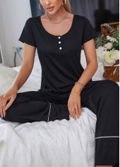 Black loungewear,Plain Color loungewear,Black Scoop Neck Short Sleeve Lounge Top and Pants