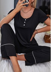 Black loungewear,Plain Color loungewear,Black Scoop Neck Short Sleeve Lounge Top and Pants