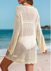 Beige swimwear,Plain Color swimwear,Beige Round Neck Scalloped Hem Cover Up