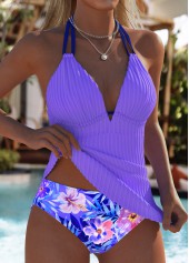 Purple swimwear,Floral swimwear,Plants swimwear,ROTITA Purple Floral Print Mid Waisted Tankini Set