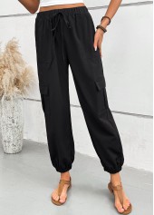 Black bottoms,Plain Color bottoms,Pocket Black Jogger Elastic Waist High Waisted Pants