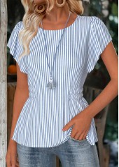 Dusty Blue tops,Striped tops,Geometric tops,ROTITA Striped Dusty Blue Round Neck Short Sleeve Blouse
