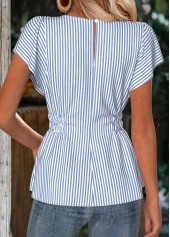 Dusty Blue tops,Striped tops,Geometric tops,ROTITA Striped Dusty Blue Round Neck Short Sleeve Blouse