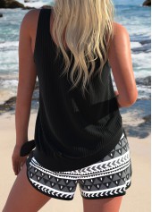 Black swimwear,Geometric swimwear,ROTITA Bowknot Black Geometric Print Tankini Set