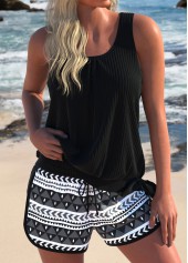 Black swimwear,Geometric swimwear,ROTITA Bowknot Black Geometric Print Tankini Set