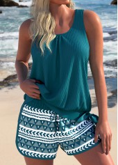 Turquoise swimwear,Geometric swimwear,ROTITA Bowknot Turquoise Geometric Print Tankini Set
