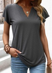 Dark Grey Marl tops,Plain Color tops,ROTITA Dark Grey Marl Split Neck Short Sleeve T Shirt