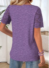 Purple tops,Plain Color tops,ROTITA Purple Split Neck Short Sleeve T Shirt
