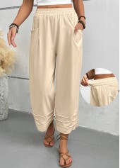 pantalon camel clair à jambes larges et taille haute élastique