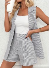 Grey tops,Striped tops,Geometric tops,ROTITA Striped Grey Sleeveless Short Sleeve Cardigan and Shorts