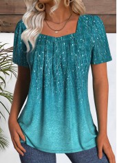 T-shirt à col carré bleu paon imprimé feuilles de rotita