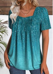 Peacock Blue tops,Plants tops,ROTITA Leaf Print Peacock Blue Square Neck T Shirt