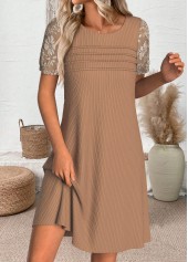 Light Coffee dresses,Plain Color dresses,Everyday dresses,Casual dresses,ROTITA Light Coffee Short Round Neck Dress