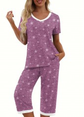 Purple loungewear,Galaxy loungewear,Star Print Purple V Neck Lounge Top and Pants
