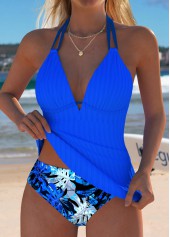 Royal Blue swimwear,Plants swimwear,ROTITA Royal Blue Leaf Print Mid Waisted Tankini Set