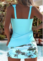 Cyan swimwear,Plants swimwear,ROTITA Cyan Tropical Plants Print Mid Waisted Tankini Set