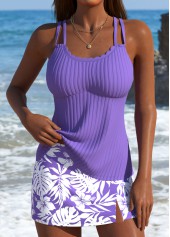 Ensemble tankini taille moyenne à imprimé plantes tropicales violettes Rotita
