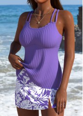 Purple swimwear,Plants swimwear,ROTITA Purple Tropical Plants Print Mid Waisted Tankini Set