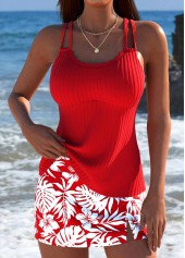 Ensemble tankini taille moyenne à imprimé plantes tropicales rouges Rotita