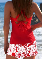 Red swimwear,Plants swimwear,ROTITA Red Tropical Plants Print Mid Waisted Tankini Set