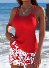 Red swimwear,Plants swimwear,ROTITA Red Tropical Plants Print Mid Waisted Tankini Set