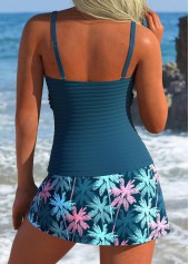 Peacock Blue swimwear,Plants swimwear,ROTITA Peacock Blue Plants Print Mid Waisted Tankini Set