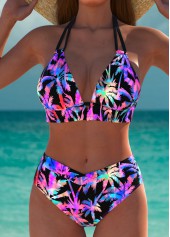 Multi Color swimwear,Plants swimwear,ROTITA Multi Color Tropical Plants Print Mid Waisted Bikini Set