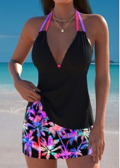 Multi Color swimwear,Plants swimwear,ROTITA Multi Color Tropical Plants Print Mid Waisted Tankini Set
