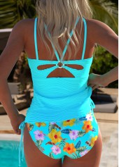 Cyan swimwear,Plants swimwear,ROTITA Cyan Tropical Plants Print High Waisted Tankini Set