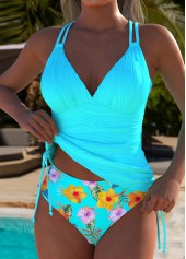 Cyan swimwear,Plants swimwear,ROTITA Cyan Tropical Plants Print High Waisted Tankini Set
