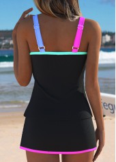 Black swimwear,Contrast Color swimwear,ROTITA Black Mid Waisted Contrast Piping Tankini Set