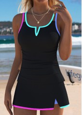Black swimwear,Contrast Color swimwear,ROTITA Black Mid Waisted Contrast Piping Tankini Set