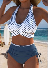 Dusty Blue swimwear,Striped swimwear,Geometric swimwear,ROTITA Dusty Blue Striped High Waisted Bikini Set