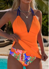 Orange swimwear,Plants swimwear,ROTITA Orange Tropical Plants Print Mid Waisted Tankini Set