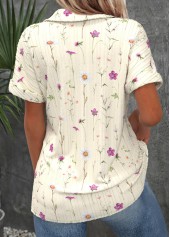 Beige tops,Ditsy Floral tops,ROTITA Ditsy Floral Print Beige Shirt Collar Short Sleeve Blouse