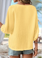 Light Yellow tops,Plain Color tops,ROTITA Light Yellow Round Neck 3/4 Sleeve Blouse