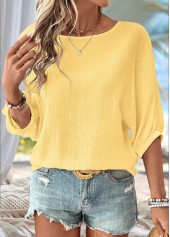 Light Yellow tops,Plain Color tops,ROTITA Light Yellow Round Neck 3/4 Sleeve Blouse