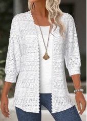 White tops,Plain Color tops,ROTITA White Texture 3/4 Sleeve Light Cardigan