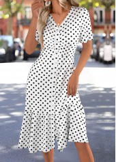 White dresses,Dot dresses,Everyday dresses,Casual dresses,ROTITA Polka Dot White V Neck Short Sleeve Dress