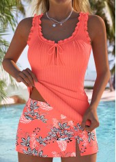 Coral swimwear,Floral swimwear,Plants swimwear,ROTITA Coral Floral Print Mid Waisted Tankini Set