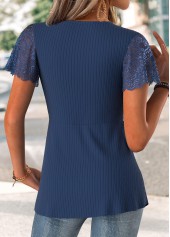 Navy tops,Plain Color tops,ROTITA Navy V Neck Short Sleeve T Shirt