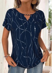 Navy tops,Geometric tops,ROTITA Geometric Print Navy Round Neck Short Sleeve T Shirt