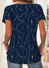 Navy tops,Geometric tops,ROTITA Geometric Print Navy Round Neck Short Sleeve T Shirt