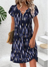 ROTITA Geometric Print Navy Short Split Neck Dress