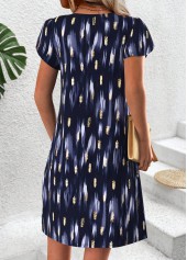 Navy dresses,Geometric dresses,Everyday dresses,Casual dresses,ROTITA Geometric Print Navy Short Split Neck Dress
