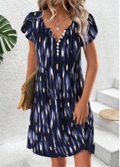 Navy dresses,Geometric dresses,Everyday dresses,Casual dresses,ROTITA Geometric Print Navy Short Split Neck Dress