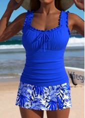 Royal Blue swimwear,Plants swimwear,ROTITA Royal Blue Tropical Plants Print Mid Waisted Tankini Set
