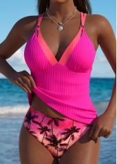 Hot Pink swimwear,Plants swimwear,ROTITA Hot Pink Tropical Plants Print Mid Waisted Tankini Set